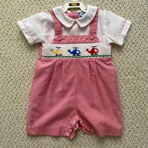 Smocked helicopter print baby boy outfit size 12 month.  Peter Pan collar.